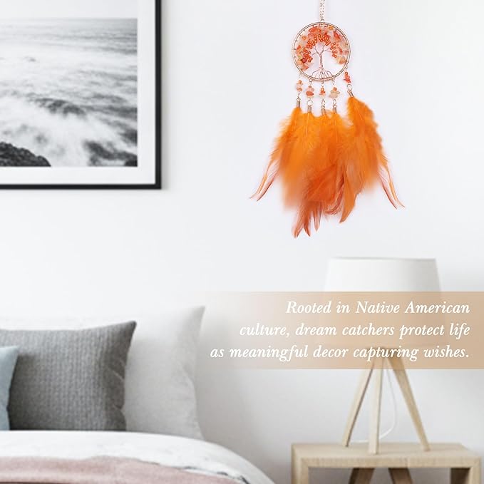 Pretty Jolly Small Tree of Life Crystal Stone Dream Catchers Orange Feathers Mini Dreamcatchers for Cars Rear View Mirror Hanging Decoration Good Luck Travel Charm Bedroom Ornaments for Women Girls