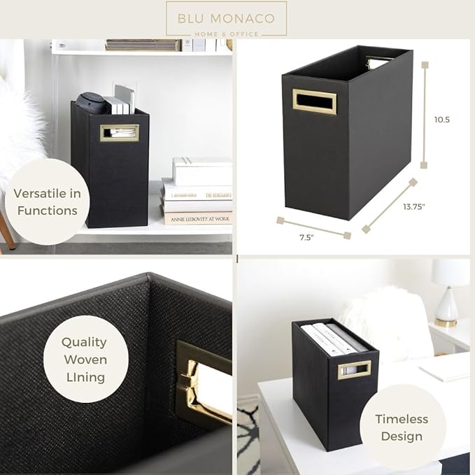 BLU MONACO | Black Leather Magazine Basket with Gold Handles | Floor Magazine Rack & Newspaper Stand | Modern Bathroom and Home Storage Organizer