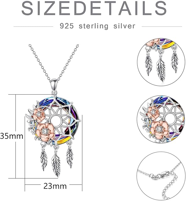 Dream Catcher Crystal Pendant Flower Urn Necklace Jewelry 925 Sterling Silver Keepsake Cremation Necklaces for Human Pet Ashes for Women