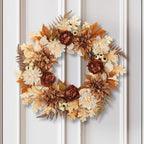 24 Inch Fall Brown Wreaths for Front Door Outside Autumn Wreath with Artificial Dahlia, Chrysanthemum, Rose, Berries & Leaves – Fall Door Wreath for Outdoor Indoor Thanksgiving Decor Terracotta