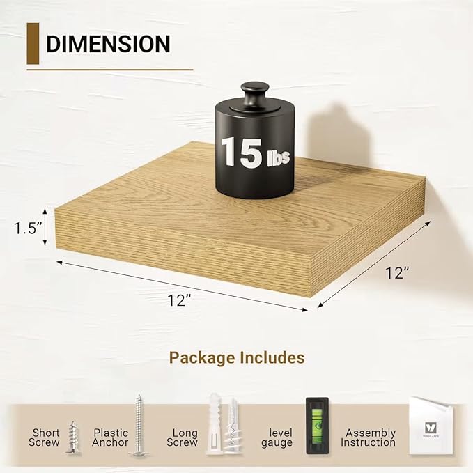 Vivelove 12 Inch Deep Floating Shelves 12 inch Long, Over Toilet Shelf with Invisible Brackets, Shelf for Bedroom Bathroom Living Room Kitchen Office, Rustic Farmhouse Decor, 12x12x1.5 Set of 2, Oak