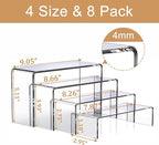 MerryNine Acrylic Risers Display Stands, 8 Pcs 2 Set Clear Acrylic Shelves, Plastic Display Risers for Retail, Vinyl Figures, Cupcake, Jewelry, Dessert Display, No Assembly, Scratch-Resistant (Rectangular-4mm-8pcs)
