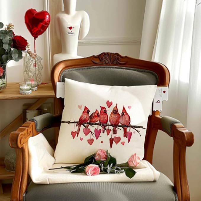 RABUSOFA Valentines Pillow Covers 18x18 inch Valentines Day Decoration Red Love Heart Cardinal Anniversary Wedding Throw Pillowcase for Couch Home Decor(15)