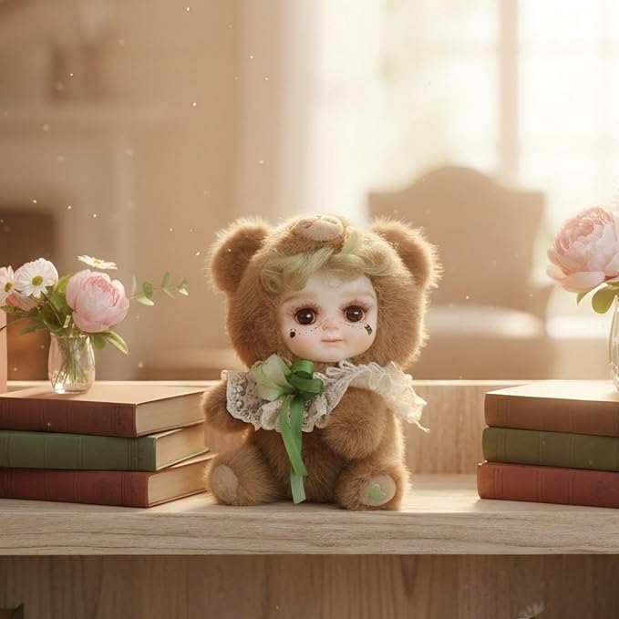 8 Inch Hand-Painted Porcelain Face Doll with Plush ＆ Acrylic Cotton Body, Mini Kawaii High-Color Makeup Ceramic Doll for Room Decor, Birthday Gifts, Collectible ，Name Kira (Brown)
