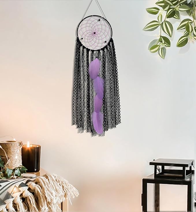 5 Pack Black Purple Dream Catchers Wall Decor Moon and Sun Feather Handmade Traditional Dreamcatchers Large Boho Macrame Wall Hanging Native American Decor for Bedroom Adult Halloween Decorations
