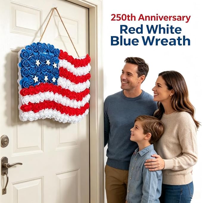 4th of July Decorations Outdoor Patriotic Wreaths for Front Door 250th Anniversary Decorations Red White and Blue American Flag Wreath (American Flag Sunflower C)