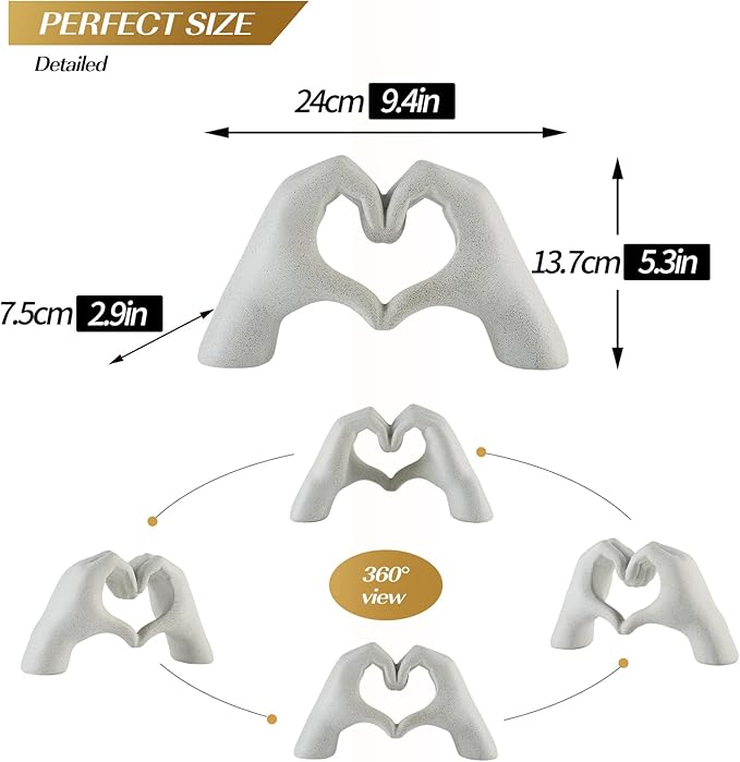 White Heart Hands Sculpture - 9.4" W Modern Home Decor Sculpture for Shelves, Desk & Living Room, Minimalist Shelf Decorations, Heart Hands Decor