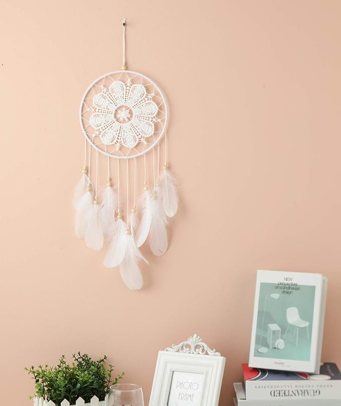 Dream Catchers White for Bedroom, Handmade Hanging Decorations White Feather Lace Dream Catcher Mobile for Girls Room Decor