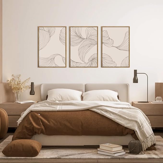 BINCUE Framed Neutral Beige Wall Art Modern Abstract Wall Decor Neutral Minimalist Artwork Modern Beige Wall Paintings Elegant Modern Art Prints for Living Room Bedroom Office 16x24 Inches Set of 3 Gift
