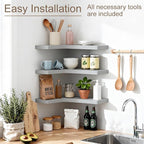 Floating Corner Shelves Set of 3, Solid Wood Picture Wall Shelf, Floating Shelves for Storage for Bedroom Kitchen Bathroom Living Room (Grey)