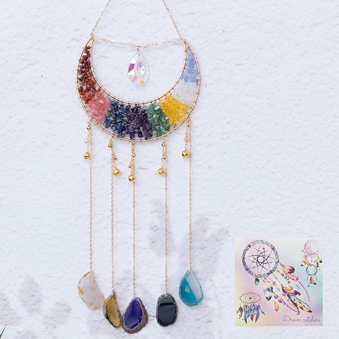 Crystal Stone Agate Ornament Natural Gem Tree of Life Moon Dream Catchers with Crystal 7 Chakra Gemstone Rainbow Catchers Color Natural Gem Agate Wall Hangings Room Dreamcatcher Decor (Multicolor)