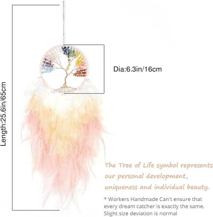 Pretty Jolly Rainbow Tree of Life Dream Catcher Wall Decor with Healing Crystal Stone Handmade Colorful Feather Dream Catchers Decoration Wall Hanging Bedroom Living Room Wedding Party Gift-25.6"