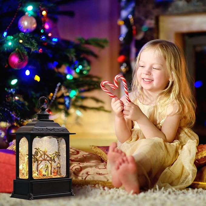 Wondise Christmas Musical Snow Globe Lantern with 6 Hour Timer, 11.2 Inch USB Cord & Battery Operated Spinning Water Glitters Lighted Singing Snow Globe Lantern Christmas (Nativity)