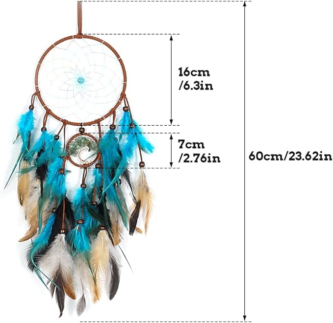 Feather Dream Catcher, Blue Tree of Life with Feathers Dreamcatcher Bead Wall Hanging Decor Indians Traditional Circular Net Hanging Art Ornament for Home Bedroom Decor(Blue)