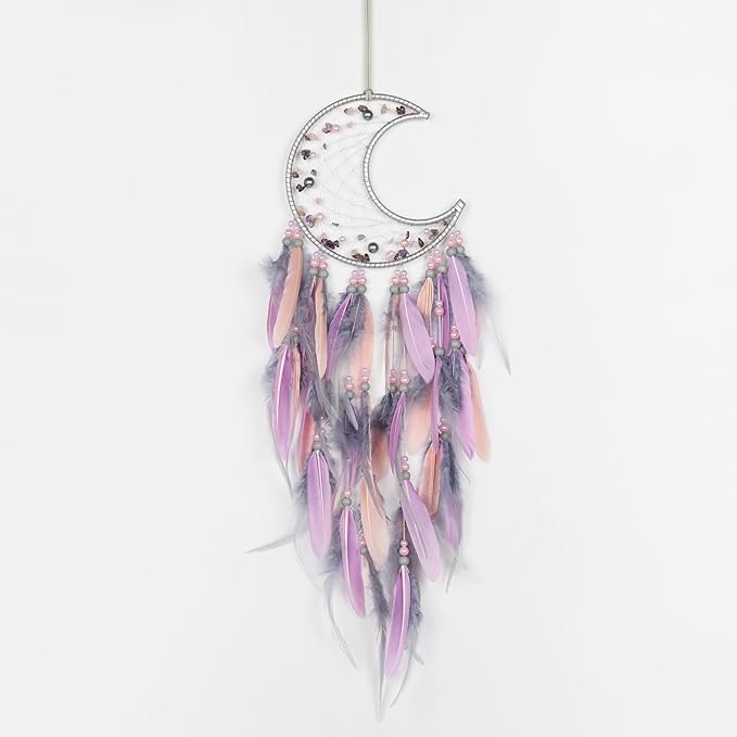 Pretty Jolly Moon Dream Catchers Wall Decor with Crystals Crescent Handmade Dream Catcher Pink Grey Feathers Dreamcatchers Wall Hanging for Girls Bedroom Wedding Wish Blessing Gift