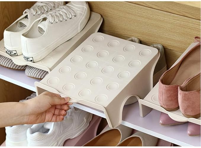 4 Pcs Stacking Shoe Organizer for Shelf 10 x 8.7 in – Double Layer Space Saving Shoe Dividers for Shelves – Footwear Riser for Heels Under 4.7", Sneakers & Flats Storage for Small Closets, Dorms, Apts