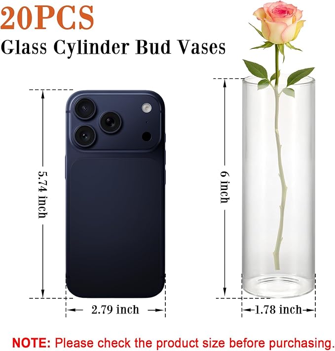 20 Pack 5.9" Tall x 1.8" Diameter Clear Glass Cylinder Vases - Multi-Use Flower Vase, Hurricane & Floating Candle Holders for Wedding Centerpieces, Home Decor, Table Displays (20)