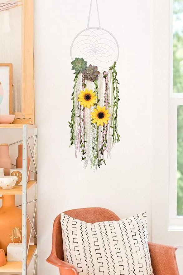 DrCor Sunflower Dream Catcher Bedroom Nursery Boho Floral Handmade Greenery Wall Hanging Decor for Party Office Teens Girls Kids Room Decor