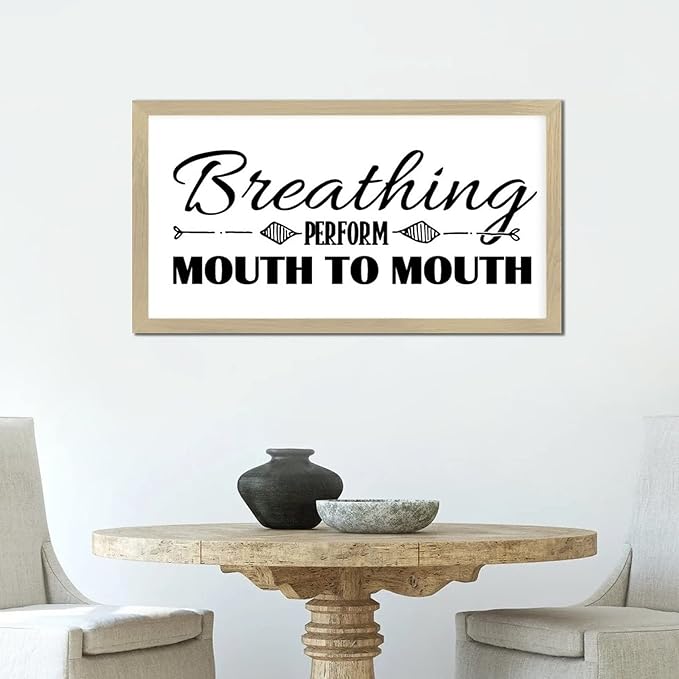 Chic Style Encouragement Quote Hanging Wall Sign with Bible Quotes Breathing Perform Mouth to Mouth Beige Frame Wooden Plaque for Washroom Farmhouse Cottage Porch Wall Decor Housewarming Gift 12x22in