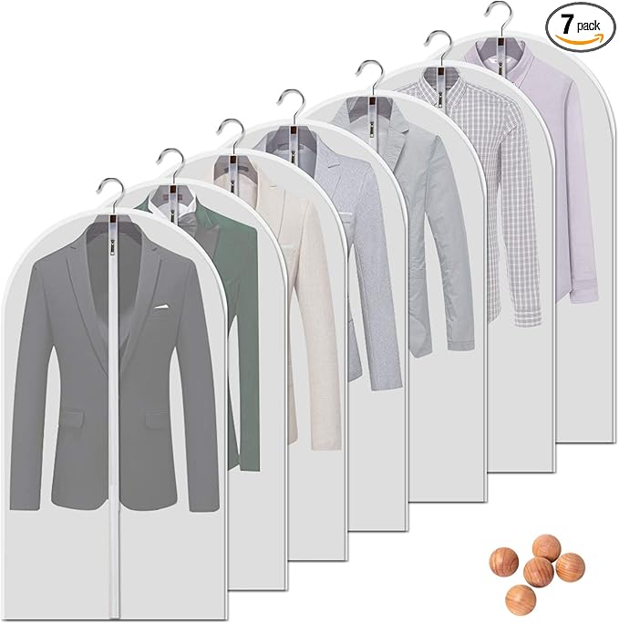 Dust Proof Clear Garment Bags 7 Piece Set - 40 Inch Translucent Suit Bags with Full-Length Zipper for Closet Clothes Storage and Travel. Bonus: 5 Natural Cedar Ball.