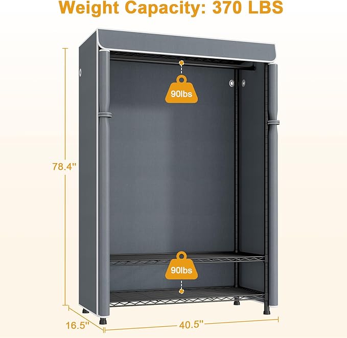H5C Plus Clothes Rack with Cover, Portable Closet for Hanging Clothes, Covered Clothing Racks Heavy Duty, 3-Tiers Garment Rack with Shelves Max Load 370LBS Black Closet Rack with Gray Cover