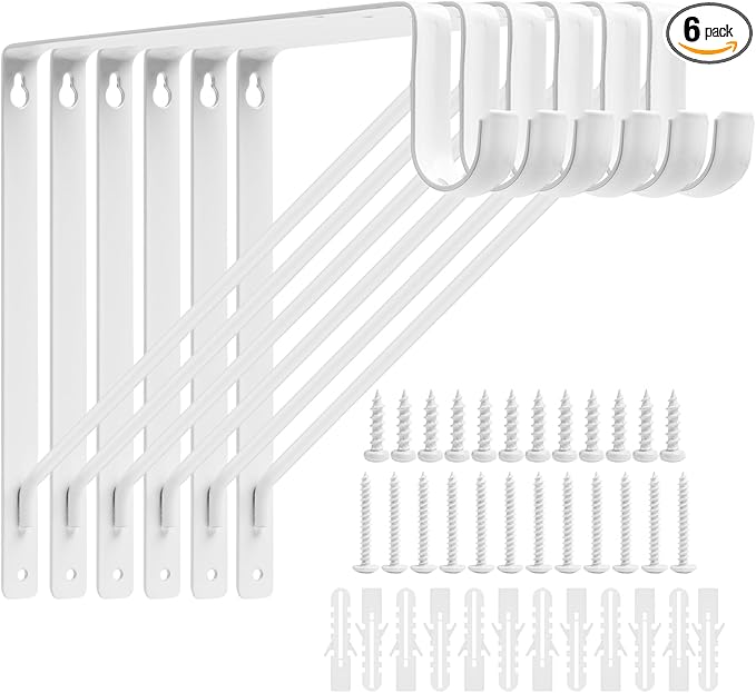 6PCS Heavy Duty White Closet Rod Brackets 11 x 11 Inch,1-3/8Inch Diameter Shelf and Rod Bracket Holder for Home and Closet Decor, Wall Mount Closet Pole Supports Bracket Hook with Screws