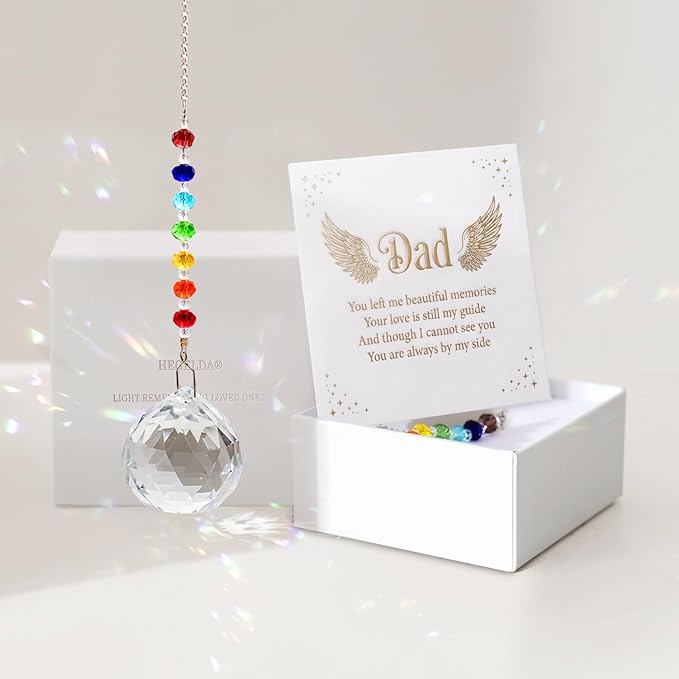 HEGELDA Memorial Gifts for Loss of Dad, Crystal Sun Catcher with Sympathy Poem Card, Refractive Prism Hanging Ornament, Father Bereavement Keepsake, Premium Gift Box Included