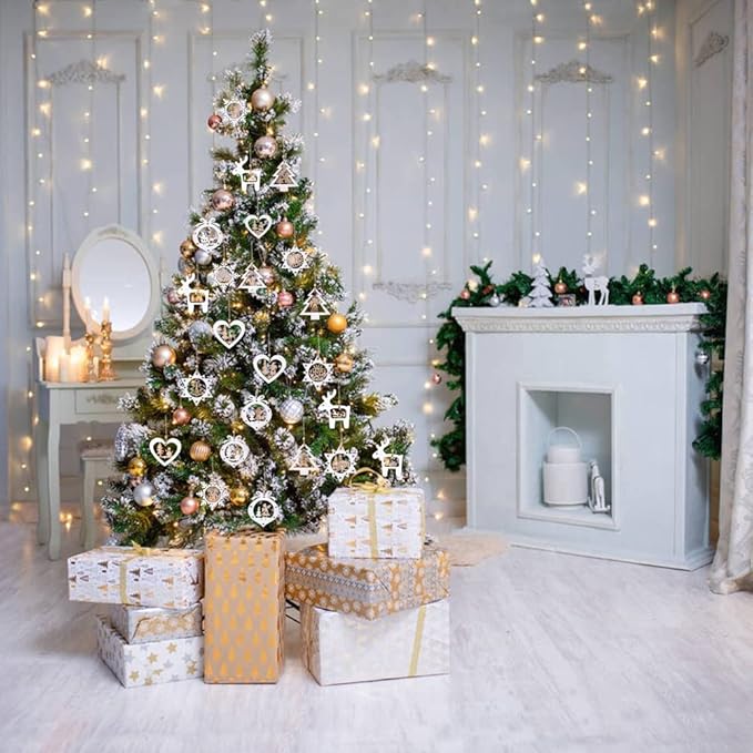 IDATOO Christmas Tree Ornaments Set of 24 Wooden Craved Hanging Craft Decorations for Winter Wonderland, 3D Rustic Farmhouse Christmas Ornaments Holiday Decor for Christmas Tree Home Office (White)