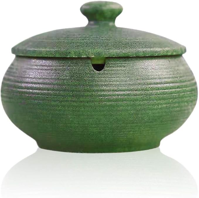 Lependor Ceramic Ashtray with Lid,Windproof,Ash Holder for Smokers,Desktop Smoking Ash Tray for Home Office Decoration - Dark Green