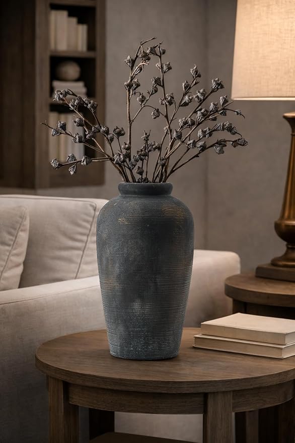 Large Ceramic Rustic Vase, 11 inch Minimalist Decorative Farmhouse Tall Vase for Home Decor, Living Room, Shelf Decor, Enterway, Wedding, Table Decoration, Bronze
