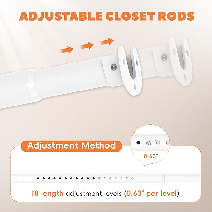 Closet Rod 50-75 Inches, Adjustable Heavy Duty Metal White Closet Rods for Hanging Clothes 1.3 Inches Diameter for Wardrobes Laundry