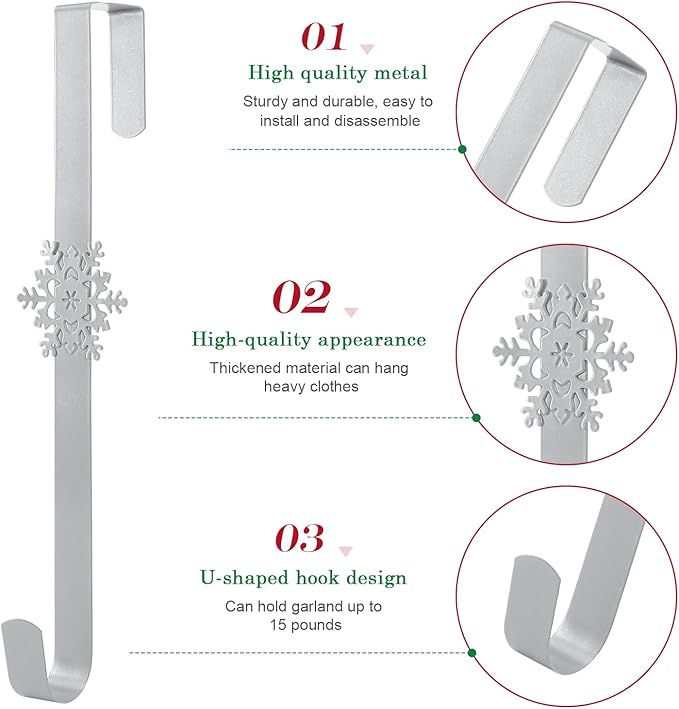 Wreath Hangers for Front Door,15" Sturdy Metal Wreath Doors Hangers,Over The Door Hooks for Front Porch Decor,Garland Hooks Holders for Halloween Christmas Decorations (Silver Snowflakes, 4 Pack)