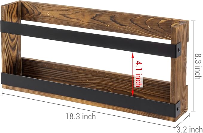MyGift Rustic Burnt Solid Wood and Industrial Matte Black Metal Magazine Display Rack, Wall Mountable Double Wide Book Holder or Standing Organizer