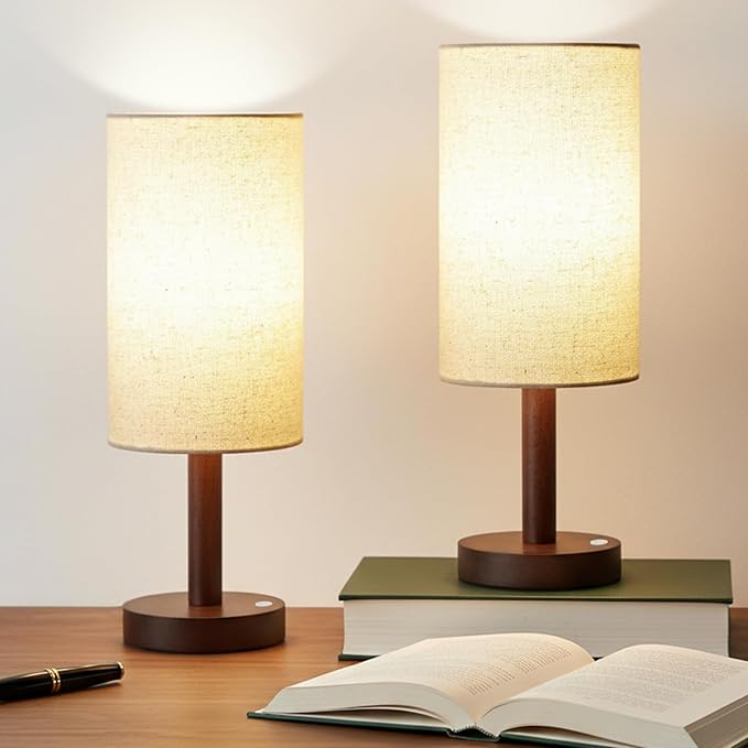 LALISU Small Table Lamp Nightstand Lamp Linen Lampshade Bedroom Wood Base Small Bedside Lamp for Night Stands, Desk Lamps for Reading Living Room, Office (LED Bulb Included) (Walnut Wood Cordless(2))