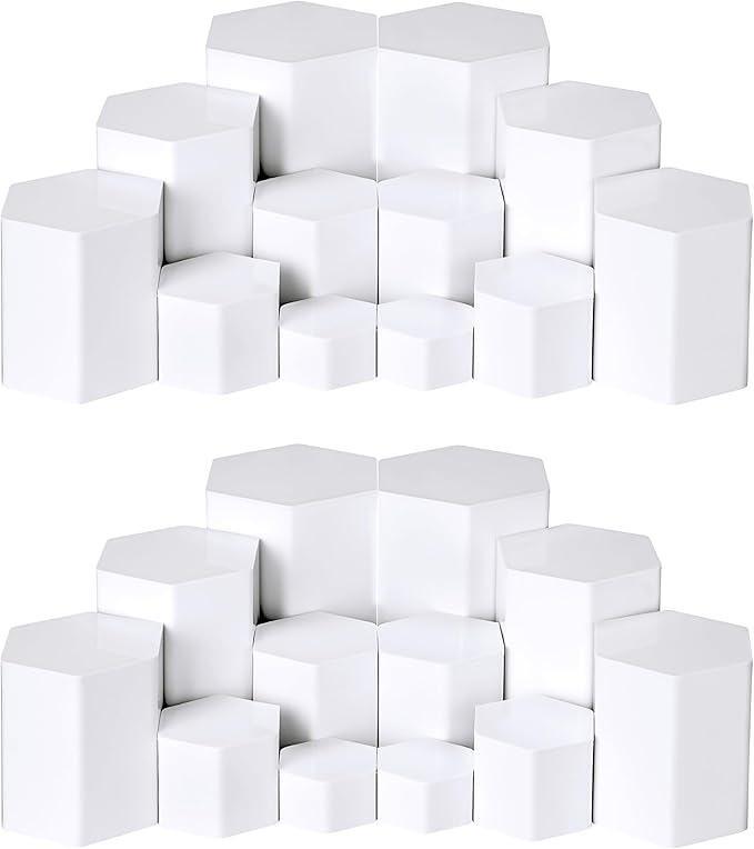Jetec 12 Pcs Hexagonal Jewelry Display Risers Hexagonal Market Display Risers Stands Acrylic Showcase Acrylic Stand for Jewelry Model Figures Decoration, 6 Sizes (White)