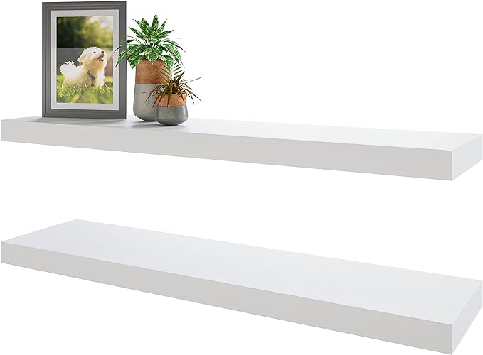 BAMEOS Floating Shelves, 35 in W x 7in Wide Display Shelf with Invisible Brackets, Set of 2 | Gallery Wall & Accent Décor Shelf for Bedroom, Living Room & Entryway White