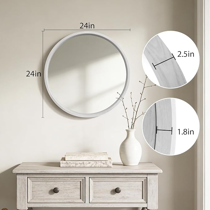 WallBeyond 24 Inch Round Wood Mirror, Circle Wooden Frame Wall Mirror for Bathroom, Living Room, Bedroom, Entryway (White)