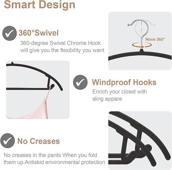 Ergonomic Curved Plastic Hangers 50pack - No Shoulder Bump Design, Non-Slip Grip for Delicate Fabrics, Heavy Duty Clothes Hangers, Holds Up to 11lbs - Ideal for Silk, Coats & Winter Wear(Black)