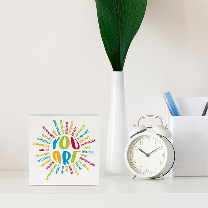 Sunshine Decor Motivational Desk Decor You Are Enough Sign Summer Decorations Wooden Box Sign for Home Office Farmhouse Table Shelf