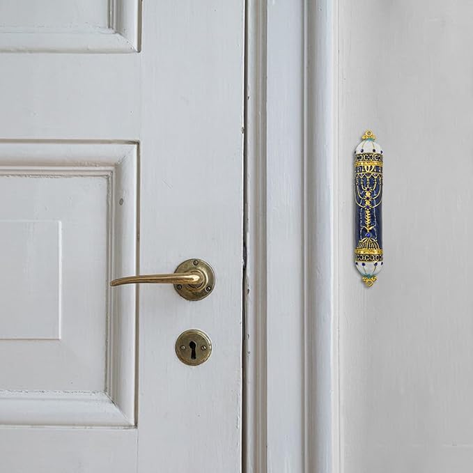 Mezuzah with Scroll for Door, Enamel&Zinc Alloy Blessing Mezuzah Case for Door, Colored Painted Mezuzha Scroll Kosher for Jewish Gifts/Jewish Decor, Christmas (Blue, 5 * 0.86 in)