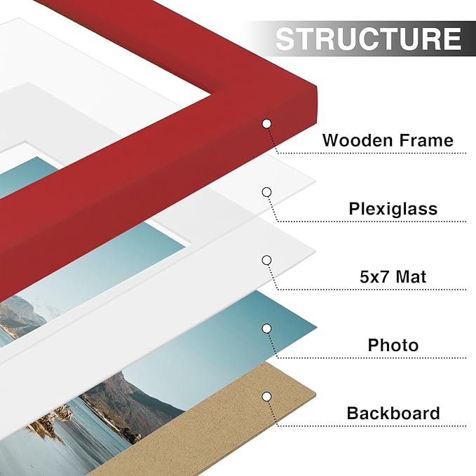 Vittanly 8x10 Picture Frames Set of 9, Shatter Resistant Plexiglass, Display 5x7 Pictures with Mat or 8x10 without Mat, Photo Frames for Wall or Tabletop, Engineered Wood, Red