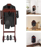 Wooden Freestanding Clothes Stand with Sturdy Base, Multi-functional Suit Valet Stand, Coat Rack with Top Drawer, Tie Hangers, Storage Compartments for Office, Bedroom, Living Room (Reddish Orange)