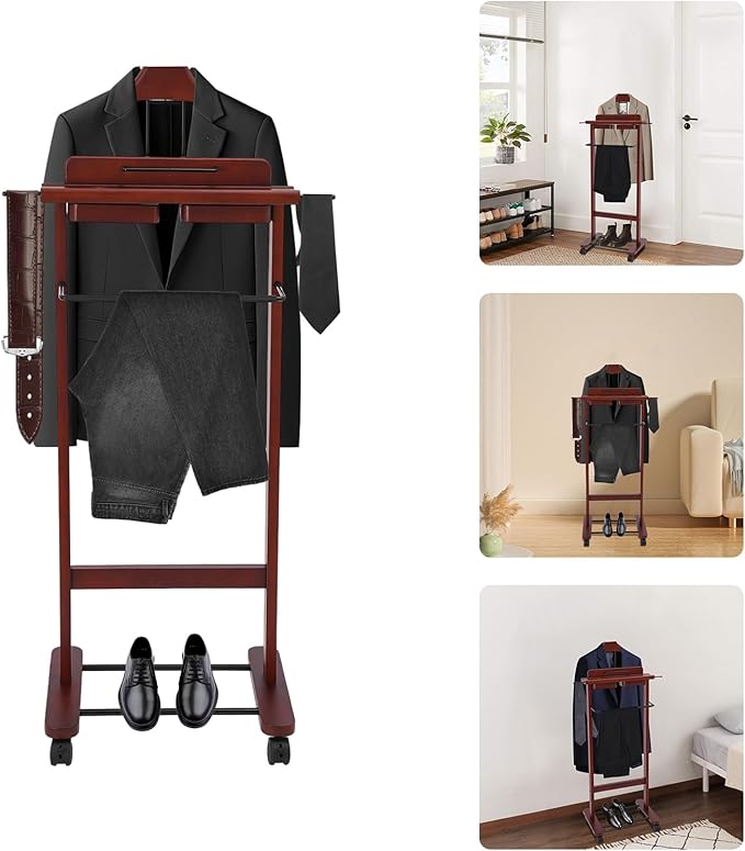 Clothes Valet Stand, Wood Valet Stand Suit Rack Stand with Drawer for Men/Women, Contour Hanger, Trouser Bar, Belt Hooks Shoe Rack, Freestanding Valet Stand (Reddish Orange)