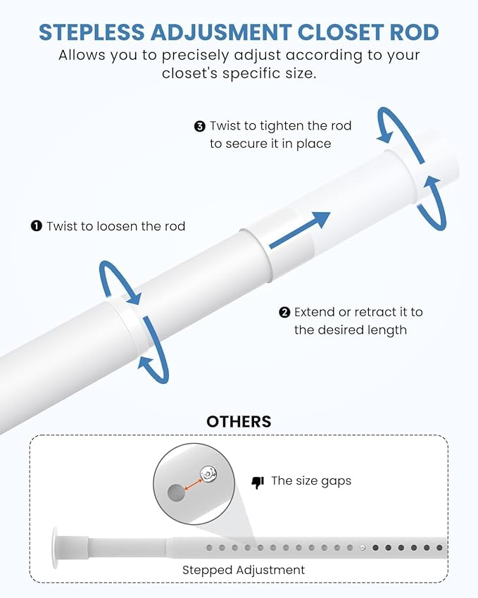 2 PACK Closet Rods for Hanging Clothes, 17 to 39 Inches Stepless Adjustable Metal Closet Rod, 1.3 Inches Heavy Duty Clothes Hanging Rod for Closet Wardrobes Laundry RV, White