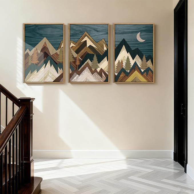BINCUE Extra Large Mountain Wall Art Moon Froest Wall Decor Nature Landscape Art Print Framed Mountain Artwork Farmhouse Rustic Wall Paintings Large Landscape Artwork for Living Room Bedroom Office 24x36 Inches Set of 3