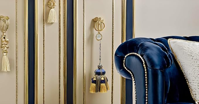 DÉCOPRO Elegant Hand-Crafted 4" (10cm) Key Tassel 3 1/2" (8.5cm) Loop Accented with Crown Tassels (Style# KTAX4) Nautical Gold Multicolor #1152 (Light Gold Yellow Gold Navy Blue) Set of 2