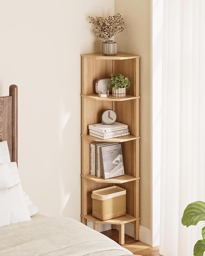 Corner Shelf, 5 Tier Corner Bookshelf, Display Corner Shelf Stand with Storage Rack, Wall Corner Bookshelf for Living Room, Bedroom, Office, Oak