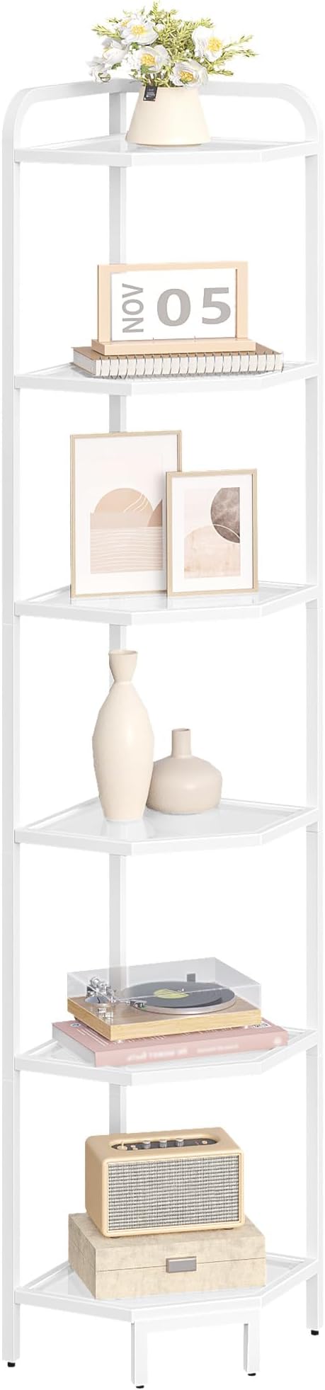Hzuaneri Corner Shelf Stand,6-Tier Glass Bookshelf Bookcase, Bathroom Organizer, Plant Stand, Steel Frame, Tempered Glass, Modern Style for Living Room, Bathroom, Kitchen, White CS90613W
