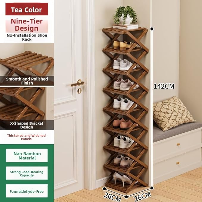 Bamboo Shoe Rack Organizer, 2-10 Tiers, Natural or Tea Color, No-Tool Assembly, Foldable Storage Shelf (Installation Free 9 Layers 30-Primary Colors)