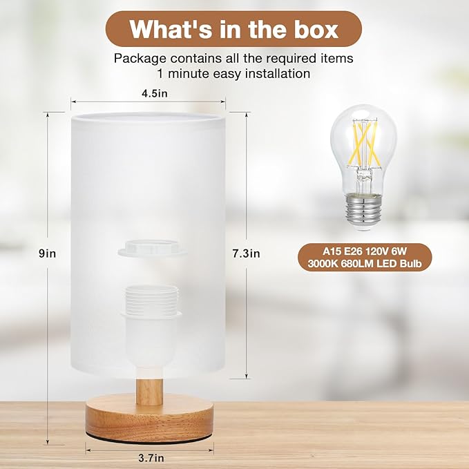 Fenmzee Small Table Lamp for Bedroom - Inline Control, Bedside Lamp with 3000K A15 LED Blub, Easy Assembly (White Shade - Wood Base, 9" Inline Control)